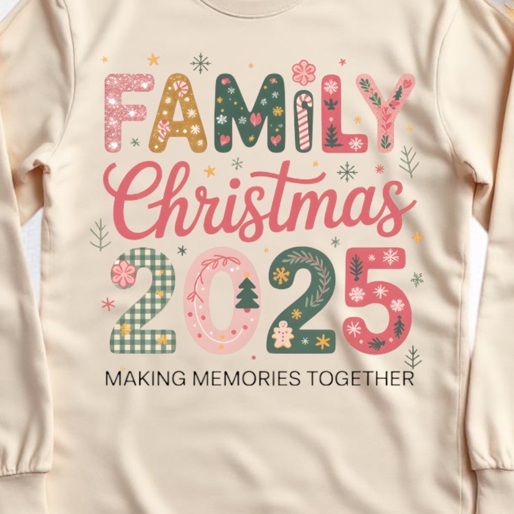 Family Christmas 2025 T-shirt, Long sleeve. Custom-made T-shirt. Sand S M L XL